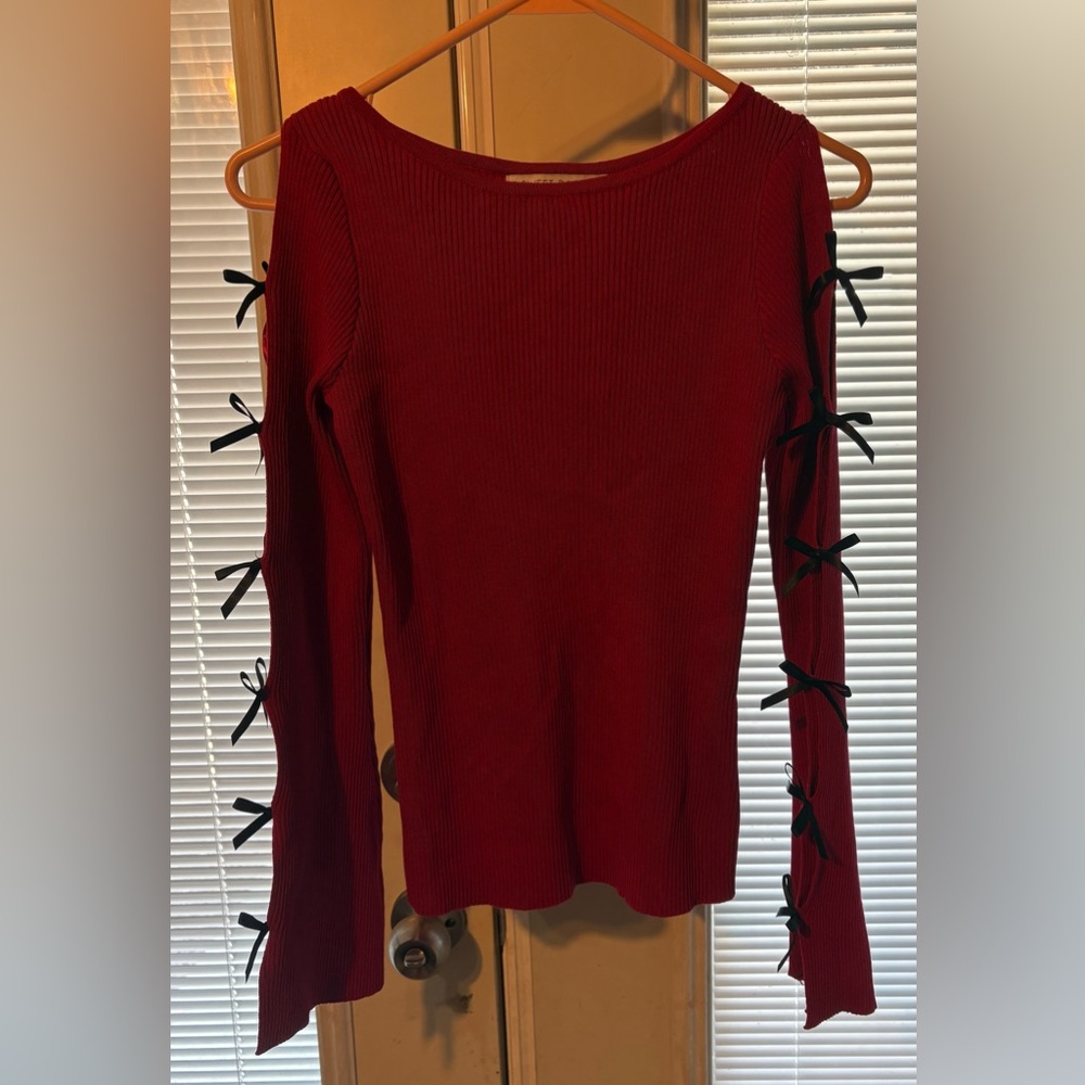 Sweet Rain Red Ribbed Top with Black Ribbon Detail